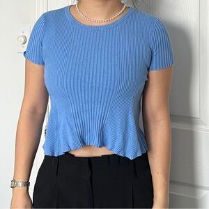 Urban Revivo Stylish Blue Ribbed Crop Top